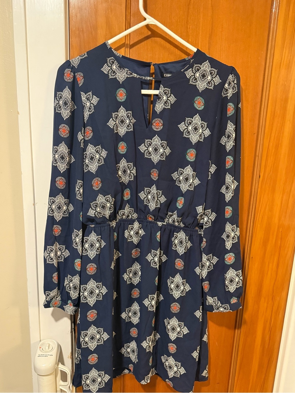 Express Navy Long-Sleeve Printed Cinched Waist Dress